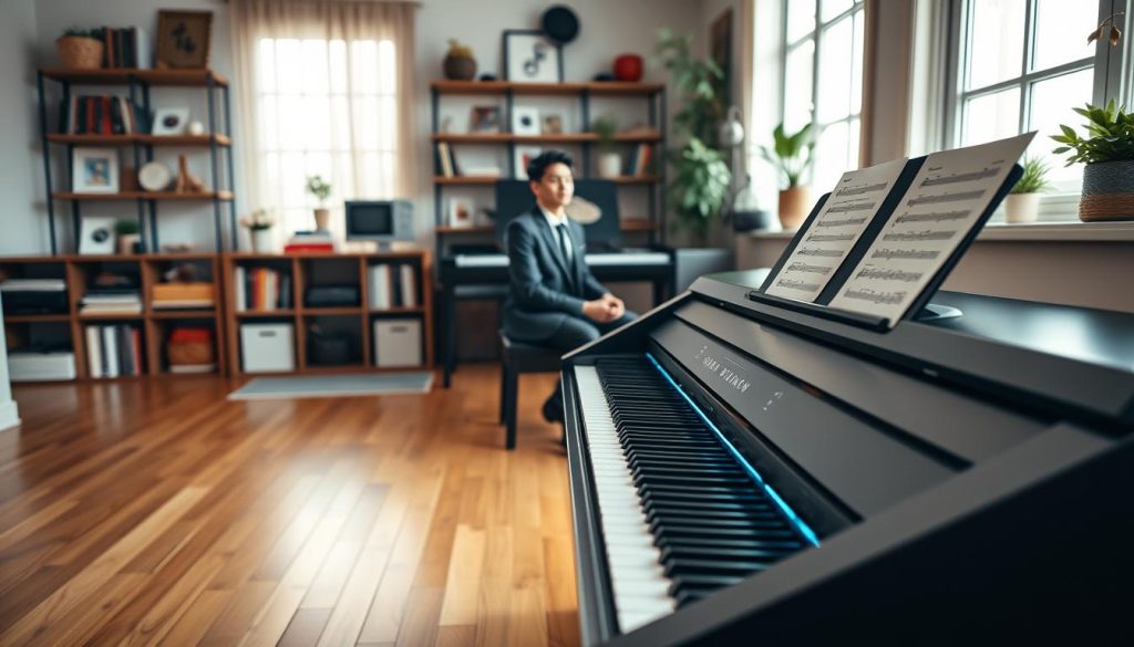 A detailed and artistic composition showcasing a modern digital piano in a well-lit home studio setting. In the foreground, a sleek black digital piano with illuminated keys occupies a polished wooden floor, with sheet music prominently laid out. In the middle ground, a young musician, dressed in professional business attire, sits thoughtfully at the piano, their fingers poised above the keys, as they consider their next note. In the background, shelves filled with music books and creative decor enhance the ambiance, while soft, natural light filters through large windows, casting gentle shadows. The mood is one of contemplation and professionalism, capturing the essence of selecting a digital piano based on the musician's profile. The angle is slightly elevated, providing a comprehensive view of the musician and instrument. A detailed and artistic composition showcasing a modern digital piano in a well-lit home studio setting. In the foreground, a sleek black digital piano with illuminated keys occupies a polished wooden floor, with sheet music prominently laid out. In the middle ground, a young musician, dressed in professional business attire, sits thoughtfully at the piano, their fingers poised above the keys, as they consider their next note. In the background, shelves filled with music books and creative decor enhance the ambiance, while soft, natural light filters through large windows, casting gentle shadows. The mood is one of contemplation and professionalism, capturing the essence of selecting a digital piano based on the musician's profile. The angle is slightly elevated, providing a comprehensive view of the musician and instrument.