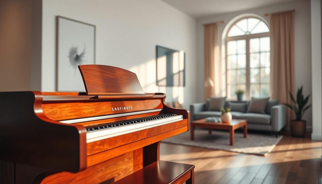 A luxurious high-end digital piano is positioned elegantly in a stylish, minimalist room designed for small spaces. In the foreground, the sleek, polished wooden finish of the piano glistens under soft, warm lighting that highlights its curves and craftsmanship. The middle ground features a modern, airy living space with tasteful decor—perhaps a tasteful rug and a potted plant—to enhance the ambiance without overwhelming the scene. In the background, a large window invites natural light, casting gentle shadows around. The atmosphere is serene and sophisticated, perfect for discerning pianists. The scene is shot from a slightly elevated angle to emphasize the piano’s elegance, with a shallow depth of field to keep the focus sharp on the instrument while softly blurring the background. A luxurious high-end digital piano is positioned elegantly in a stylish, minimalist room designed for small spaces. In the foreground, the sleek, polished wooden finish of the piano glistens under soft, warm lighting that highlights its curves and craftsmanship. The middle ground features a modern, airy living space with tasteful decor—perhaps a tasteful rug and a potted plant—to enhance the ambiance without overwhelming the scene. In the background, a large window invites natural light, casting gentle shadows around. The atmosphere is serene and sophisticated, perfect for discerning pianists. The scene is shot from a slightly elevated angle to emphasize the piano’s elegance, with a shallow depth of field to keep the focus sharp on the instrument while softly blurring the background.