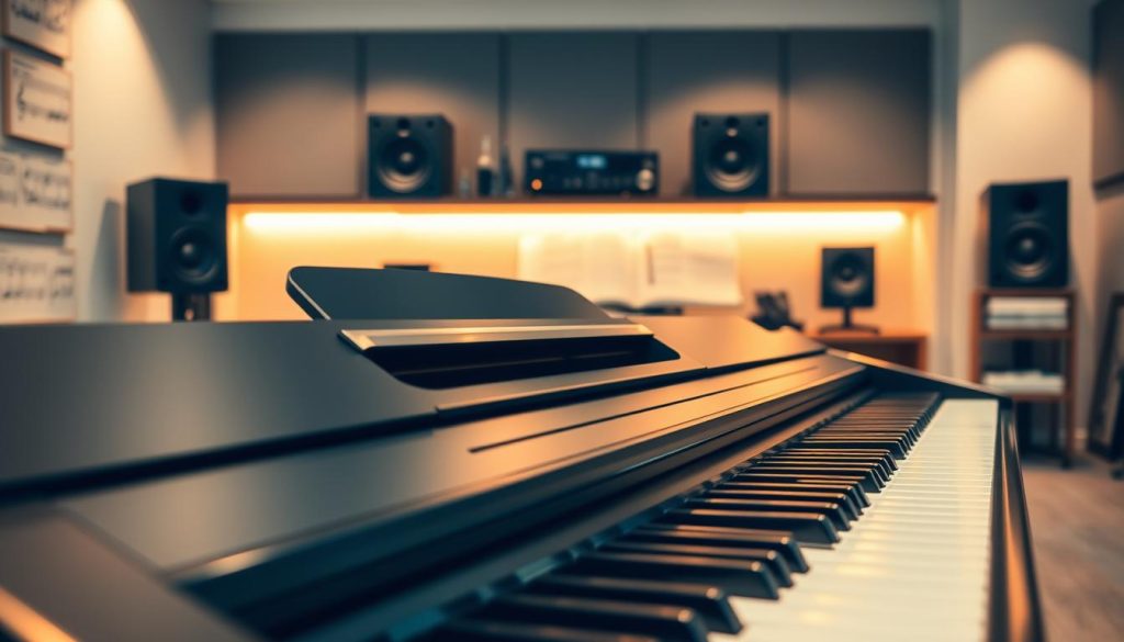 A professional digital piano designed for amplification, prominently positioned in the foreground, showcasing its sleek black finish and rich wood accents. The keys glisten under warm, focused lighting that enhances the reflective surfaces, creating a polished look. In the middle ground, a subtle sound system is integrated, featuring sleek speakers and amplifiers, indicating the piano's advanced audio capabilities. The background is softly blurred, suggesting a modern, acoustically treated music studio with shelves of music scores and sound equipment, evoking a creative atmosphere. The scene captures a sense of professionalism and sophistication, inviting a mood of inspiration for musicians. The perspective is slightly angled, emphasizing the piano's elegant lines and functionality, while ensuring clarity and focus on the amplification features. A professional digital piano designed for amplification, prominently positioned in the foreground, showcasing its sleek black finish and rich wood accents. The keys glisten under warm, focused lighting that enhances the reflective surfaces, creating a polished look. In the middle ground, a subtle sound system is integrated, featuring sleek speakers and amplifiers, indicating the piano's advanced audio capabilities. The background is softly blurred, suggesting a modern, acoustically treated music studio with shelves of music scores and sound equipment, evoking a creative atmosphere. The scene captures a sense of professionalism and sophistication, inviting a mood of inspiration for musicians. The perspective is slightly angled, emphasizing the piano's elegant lines and functionality, while ensuring clarity and focus on the amplification features.