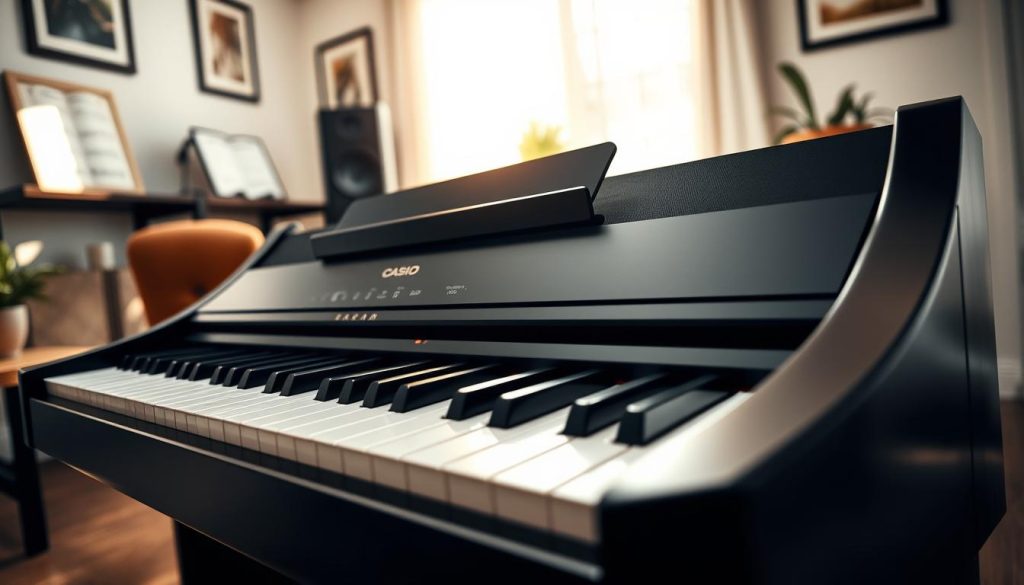 A sleek, modern Casio digital piano displayed prominently in the foreground, showcasing its polished black finish and illuminated keys. The middle ground features a soft-focus backdrop of a well-lit, contemporary home music studio, complete with music sheets and a comfortable chair. Natural light streams in from a nearby window, casting gentle shadows that enhance the piano's elegant curves. A slight angle captures the instrument from a low perspective, emphasizing its professional appeal. The atmosphere is inviting and inspiring, suggesting creativity and reliability. The overall composition highlights the piano’s craftsmanship, inviting musicians to envision their musical potential with this trusted instrument. A sleek, modern Casio digital piano displayed prominently in the foreground, showcasing its polished black finish and illuminated keys. The middle ground features a soft-focus backdrop of a well-lit, contemporary home music studio, complete with music sheets and a comfortable chair. Natural light streams in from a nearby window, casting gentle shadows that enhance the piano's elegant curves. A slight angle captures the instrument from a low perspective, emphasizing its professional appeal. The atmosphere is inviting and inspiring, suggesting creativity and reliability. The overall composition highlights the piano’s craftsmanship, inviting musicians to envision their musical potential with this trusted instrument.