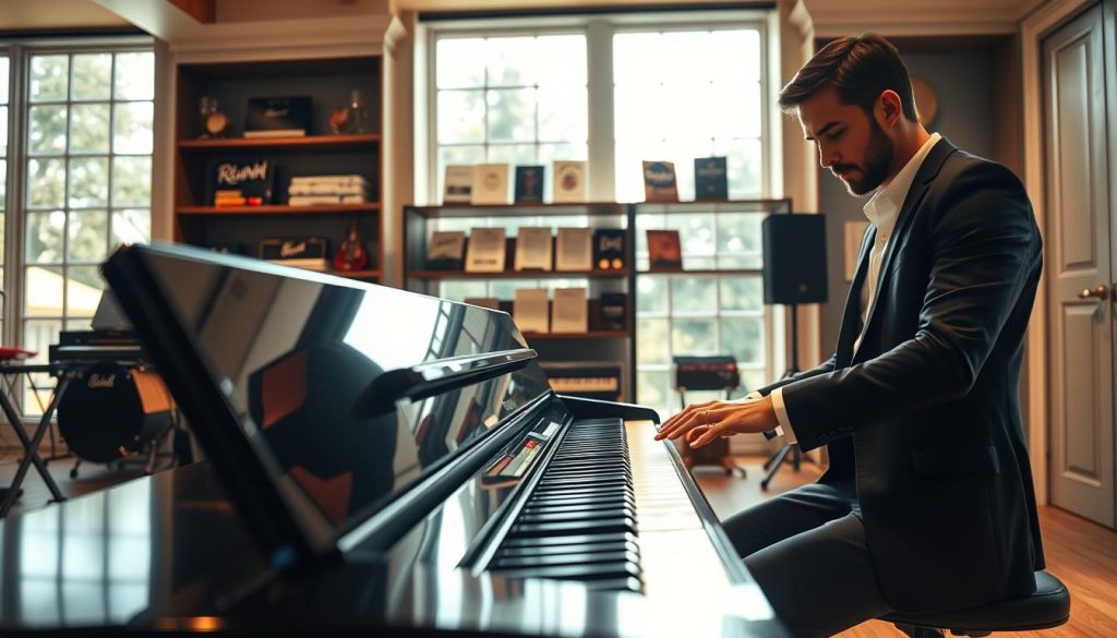 A sophisticated scene depicting a premium digital piano in a bright, elegant music studio. In the foreground, the polished black piano gleams under soft, warm lighting, showcasing its sleek design and high-quality craftsmanship. Nearby, a professional musician in smart casual attire passionately plays the instrument, with fingers poised gracefully over the keys. In the middle background, shelves display renowned brand name instruments and music sheets, emphasizing the importance of trusted brands. Through large windows, natural light floods the room, illuminating the harmonious atmosphere of creativity and focus. The overall mood is inspiring and inviting, highlighting the dedication to high-quality musical experiences. A sophisticated scene depicting a premium digital piano in a bright, elegant music studio. In the foreground, the polished black piano gleams under soft, warm lighting, showcasing its sleek design and high-quality craftsmanship. Nearby, a professional musician in smart casual attire passionately plays the instrument, with fingers poised gracefully over the keys. In the middle background, shelves display renowned brand name instruments and music sheets, emphasizing the importance of trusted brands. Through large windows, natural light floods the room, illuminating the harmonious atmosphere of creativity and focus. The overall mood is inspiring and inviting, highlighting the dedication to high-quality musical experiences.
