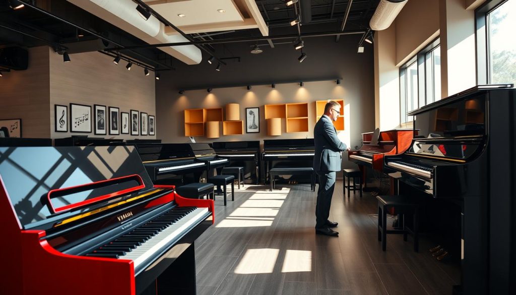 A well-lit, contemporary showroom featuring an array of Yamaha digital pianos displayed prominently. In the foreground, a sleek, polished Clavinova model captures attention with its elegant design and vibrantly colored finish. The middle ground showcases various Yamaha models, each highlighted by soft, warm lighting to enhance their features. The background presents an acoustic-inspired wall, adorned with framed musical notes and soft acoustic panels, creating an inviting atmosphere. Natural light filters through large windows, casting gentle shadows, while a professional pianist in smart casual attire is seen engaging with one of the pianos, creating a dynamic and relatable scene. The overall mood is inspiring and sophisticated, perfect for showcasing Yamaha's professional digital piano range. A well-lit, contemporary showroom featuring an array of Yamaha digital pianos displayed prominently. In the foreground, a sleek, polished Clavinova model captures attention with its elegant design and vibrantly colored finish. The middle ground showcases various Yamaha models, each highlighted by soft, warm lighting to enhance their features. The background presents an acoustic-inspired wall, adorned with framed musical notes and soft acoustic panels, creating an inviting atmosphere. Natural light filters through large windows, casting gentle shadows, while a professional pianist in smart casual attire is seen engaging with one of the pianos, creating a dynamic and relatable scene. The overall mood is inspiring and sophisticated, perfect for showcasing Yamaha's professional digital piano range.