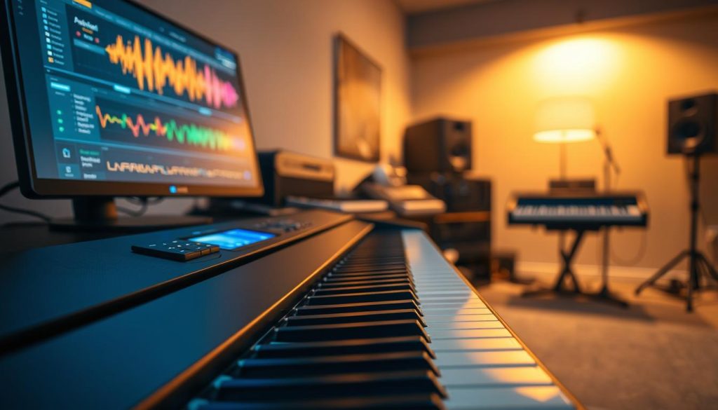 A close-up image capturing the detailed analysis of sound signatures in a sophisticated digital piano setup. Foreground features a sleek digital piano with illuminated keys, displaying various sound waves and frequencies projected above it. In the middle ground, a well-organized workspace includes a high-resolution computer screen showcasing an analysis software interface with vibrant waveforms and brand icons, indicating different piano brands. The background features a softly blurred room with professional music equipment, creating a warm, inviting atmosphere, illuminated by soft, diffused lighting. The overall mood is focused and analytical, reflecting the high level of expertise in piano sound analysis. The composition is framed with a slight depth of field, emphasizing the piano and analysis details. A close-up image capturing the detailed analysis of sound signatures in a sophisticated digital piano setup. Foreground features a sleek digital piano with illuminated keys, displaying various sound waves and frequencies projected above it. In the middle ground, a well-organized workspace includes a high-resolution computer screen showcasing an analysis software interface with vibrant waveforms and brand icons, indicating different piano brands. The background features a softly blurred room with professional music equipment, creating a warm, inviting atmosphere, illuminated by soft, diffused lighting. The overall mood is focused and analytical, reflecting the high level of expertise in piano sound analysis. The composition is framed with a slight depth of field, emphasizing the piano and analysis details.