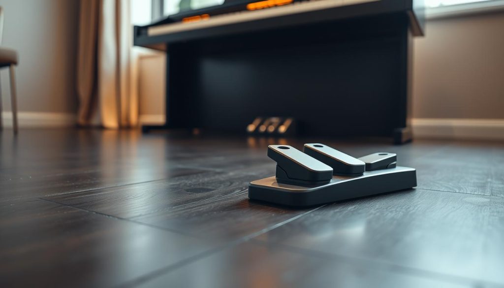 A close-up view of high-quality digital piano pedals elegantly arranged on a dark, polished wooden floor. The pedals should gleam softly, reflecting ambient light, showcasing their intricate designs and smooth textures. In the background, a blurred digital piano stands in soft focus, with keys subtly illuminated by warm lighting, creating a cozy and professional atmosphere. The scene is well-lit with natural light filtering through a window, casting gentle shadows that emphasize the pedals' craftsmanship. The mood is sophisticated and inviting, suggesting a dedicated space for a skilled pianist. The angle should be slightly above the pedals, allowing for a clear view of their features without distractions. A close-up view of high-quality digital piano pedals elegantly arranged on a dark, polished wooden floor. The pedals should gleam softly, reflecting ambient light, showcasing their intricate designs and smooth textures. In the background, a blurred digital piano stands in soft focus, with keys subtly illuminated by warm lighting, creating a cozy and professional atmosphere. The scene is well-lit with natural light filtering through a window, casting gentle shadows that emphasize the pedals' craftsmanship. The mood is sophisticated and inviting, suggesting a dedicated space for a skilled pianist. The angle should be slightly above the pedals, allowing for a clear view of their features without distractions.