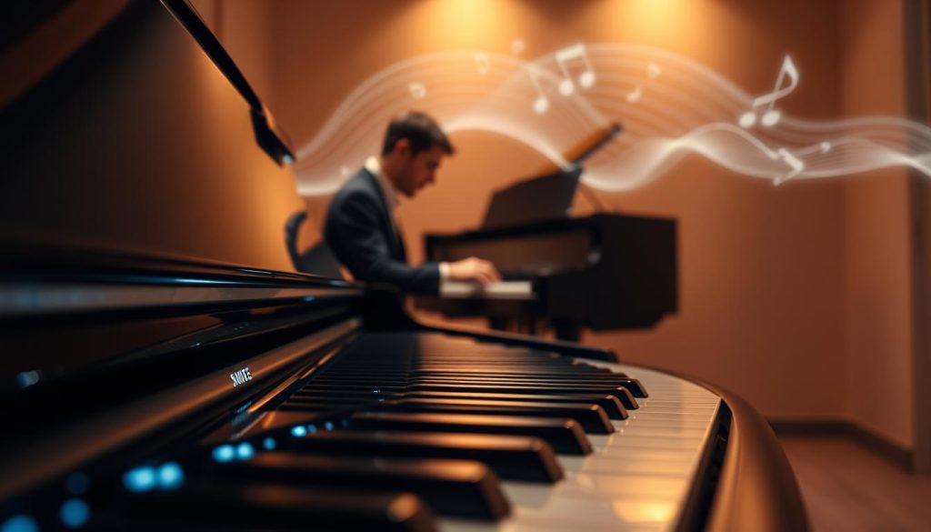 A serene and artistic interpretation of "polyphonic resonance" within a sophisticated digital piano setting. In the foreground, showcase a glossy black digital piano with illuminated keys, subtly reflecting nearby soft ambient light. The middle ground features a pianist, dressed in professional attire, deeply focused on playing, their fingers delicately poised over the keys, creating an atmosphere of concentration. The background consists of gentle, swirling sound waves or musical notes visually resonating in the air, evoking a sense of depth and harmony. The lighting is warm and ambient, creating a cozy yet elegant atmosphere. Capture the scene from a slightly elevated angle to emphasize the interaction between the pianist and the instrument, highlighting the nuances of sound and emotion conveyed through their performance. A serene and artistic interpretation of "polyphonic resonance" within a sophisticated digital piano setting. In the foreground, showcase a glossy black digital piano with illuminated keys, subtly reflecting nearby soft ambient light. The middle ground features a pianist, dressed in professional attire, deeply focused on playing, their fingers delicately poised over the keys, creating an atmosphere of concentration. The background consists of gentle, swirling sound waves or musical notes visually resonating in the air, evoking a sense of depth and harmony. The lighting is warm and ambient, creating a cozy yet elegant atmosphere. Capture the scene from a slightly elevated angle to emphasize the interaction between the pianist and the instrument, highlighting the nuances of sound and emotion conveyed through their performance.