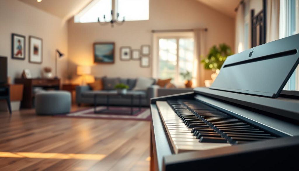 A sleek, modern digital piano is prominently featured in the foreground, showcasing a glossy black surface with illuminated keys, set against a soft wooden floor. In the middle ground, a warm, softly lit living room is visible, designed with contemporary furniture and musical decor, emphasizing a peaceful practice space for a skilled pianist. The background includes a large window allowing natural light to filter in, casting gentle shadows across the room, enhancing the inviting atmosphere. The scene conveys a sense of focus and serenity, ideal for daily practice. The lighting is warm and ambient, creating a comfortable mood, while a shallow depth of field draws attention to the intricate details of the digital piano and its elegant design. A sleek, modern digital piano is prominently featured in the foreground, showcasing a glossy black surface with illuminated keys, set against a soft wooden floor. In the middle ground, a warm, softly lit living room is visible, designed with contemporary furniture and musical decor, emphasizing a peaceful practice space for a skilled pianist. The background includes a large window allowing natural light to filter in, casting gentle shadows across the room, enhancing the inviting atmosphere. The scene conveys a sense of focus and serenity, ideal for daily practice. The lighting is warm and ambient, creating a comfortable mood, while a shallow depth of field draws attention to the intricate details of the digital piano and its elegant design.